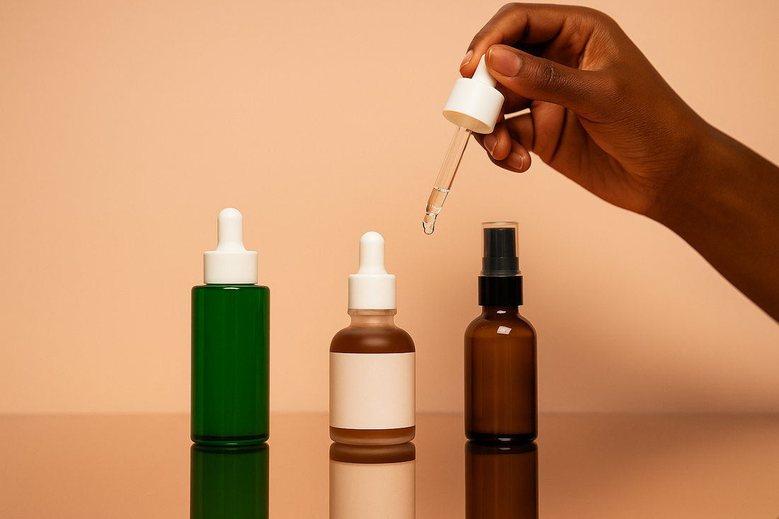 Drei minimalistische Serumflaschen ohne Beschriftung stehen auf einer reflektierenden Oberfläche, während eine goldbraune Black-Skin-Hand mit einer Pipette einen Tropfen über der mittleren Flasche hält. Heller pfirsichfarbener Studiohintergrund.