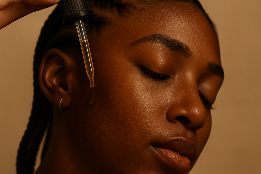 Frau mit dunkelbrauner Haut und Cornrows, Nahaufnahme mit Serum-Tropfen auf der Wange.