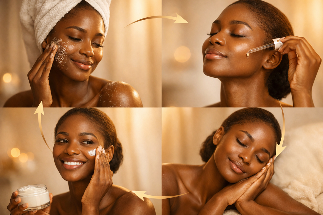 „Skin-Cycling-Routine für dunkle Haut: Vier Phasen der abendlichen Hautpflege mit Exfoliation, Wirkstoffpflege, Feuchtigkeit und Regeneration bei melaninreicher Haut“