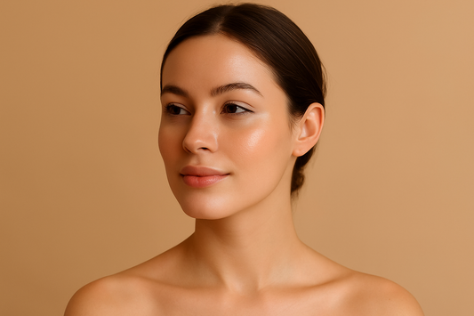 Frau mit natürlicher, klarer Haut im warmen beige Hintergrund – minimalistischer Skinimalism-Look