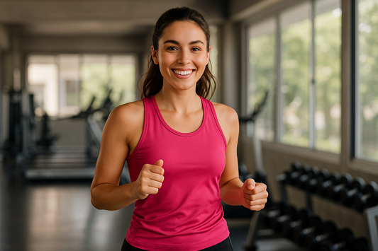 Junge Frau beim Sport im Fitnessstudio mit strahlender Haut – Symbol für gesunde Bewegung, reine Haut und ganzheitliches Wohlbefinden.