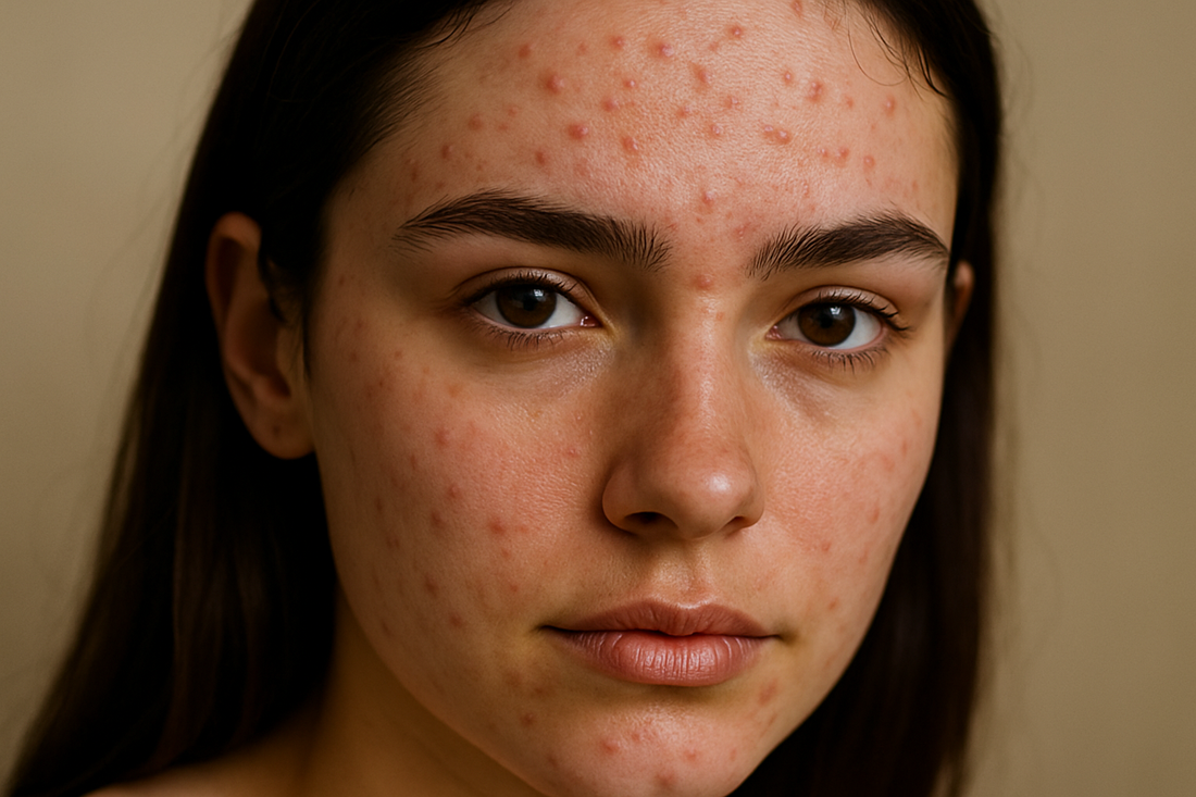 Frau mit sichtbaren Stirnpickeln im Close-up, natürliche Hautstruktur, symbolisch für Ursachen und Beruhigung von Stirnunreinheiten