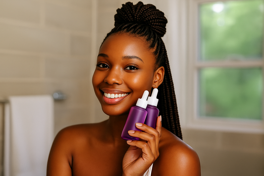 Dunkelhäutige Frau mit natürlichem Puff trägt ein strahlendes Lächeln und hält zwei violette Serumflaschen im hellen Badezimmer, Tageslicht, cleanes Beauty-Portrait.