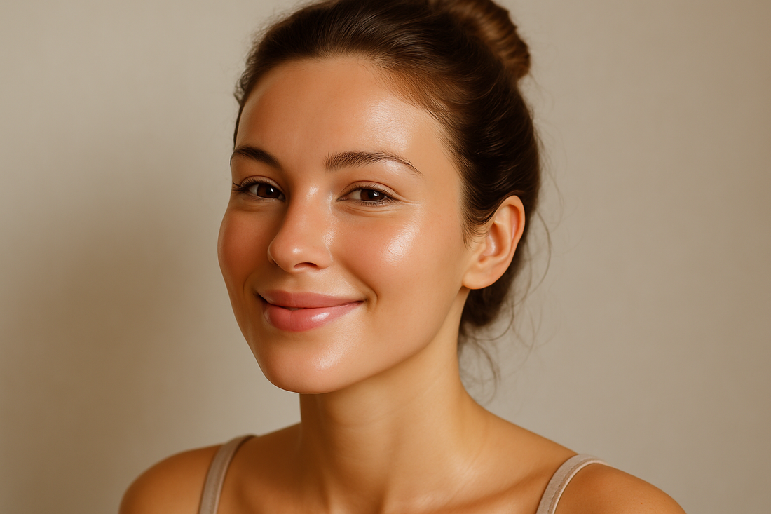 Junge Frau mit strahlender, glatter Haut im Clean-Beauty-Stil vor hellem Hintergrund, sanftes Licht und natürlicher Glow.