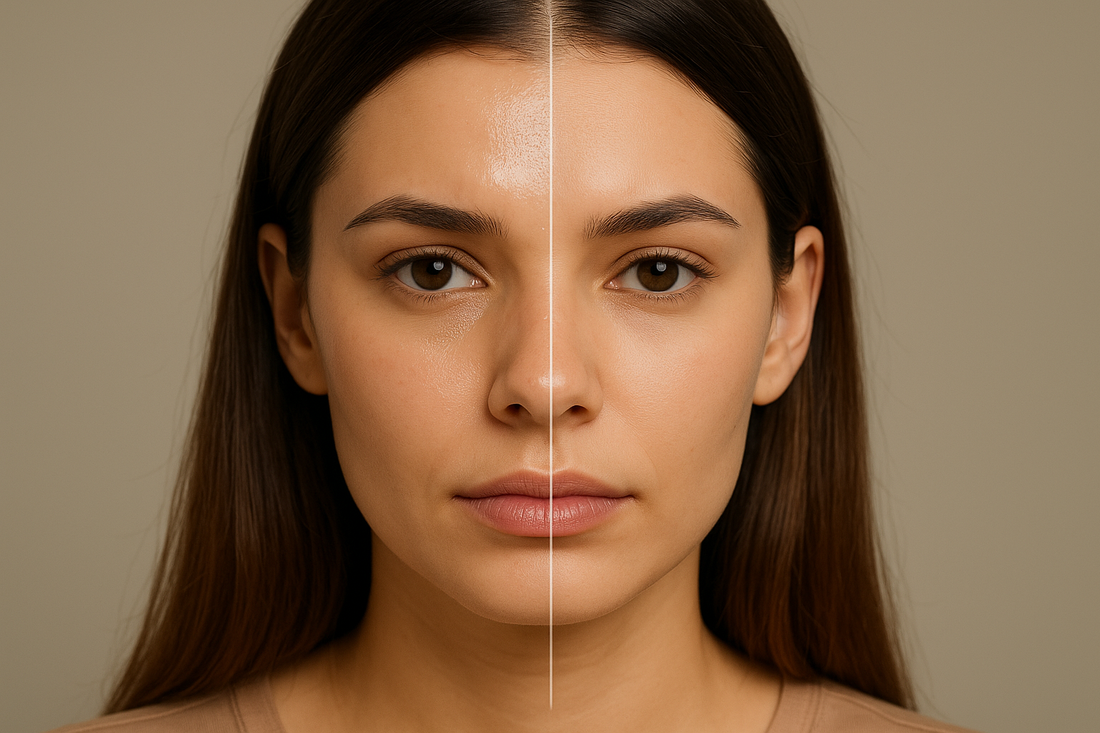 Symbolbild einer jungen Frau mit geteilter Darstellung von glänzender und matter Haut, um den Unterschied zwischen fettiger und ausgeglichener Haut zu zeigen