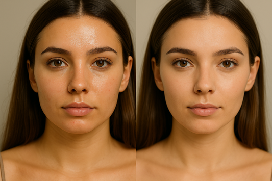 Symbolbild einer jungen Frau mit geteiltem Gesicht: links glänzende, ölige Haut mit sichtbaren Poren, rechts matte, ausgeglichene Haut