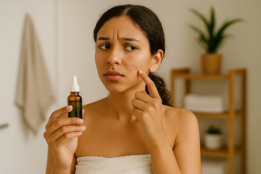 Frau mit dunklen Locken steht im Badezimmer, hält eine kleine Flasche Teebaumöl und schaut in den Spiegel auf ihre Pickel – natürliche Pflege gegen Hautunreinheiten.