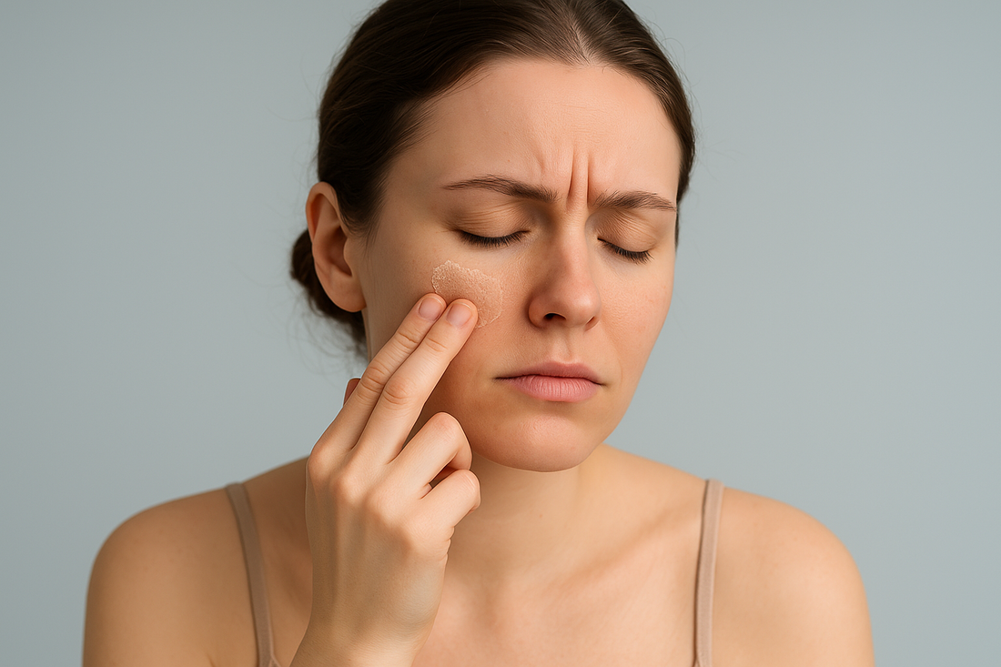 Junge Frau mit trockener, schuppiger Hautstelle auf der Wange, die besorgt ihr Gesicht berührt – Symbolbild für erhöhten transepidermalen Wasserverlust (TEWL).