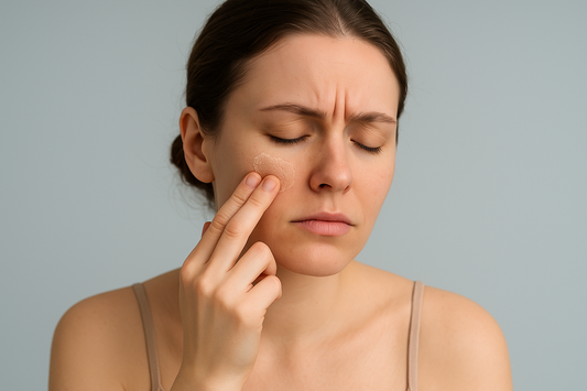 Junge Frau mit trockener, schuppiger Hautstelle auf der Wange, die besorgt ihr Gesicht berührt – Symbolbild für erhöhten transepidermalen Wasserverlust (TEWL).