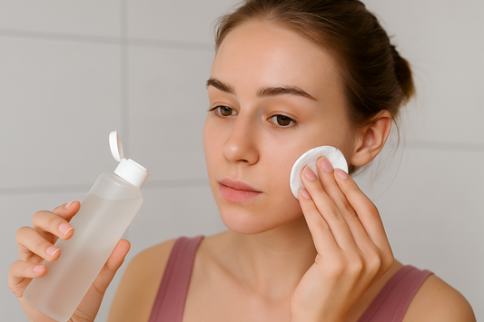 Junge Frau trägt mit einem Wattepad Gesichtstoner auf ihre Haut auf – Nahaufnahme im Badezimmer.