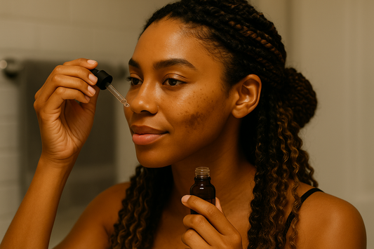 Dunkelhäutige Frau mit langen Boho-Braids trägt ein Serum mit einer Pipette auf ihre Wange mit sichtbarem Melasma auf, warmes Badezimmerlicht.
