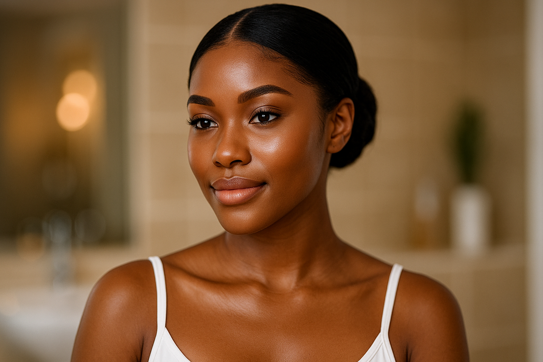 Ultra hübsche schwarze Frau mit glowy Haut und weißem Oberteil in einem modernen Badezimmer; warmes Licht, eleganter Hintergrund, natürlicher Gesichtsausdruck.