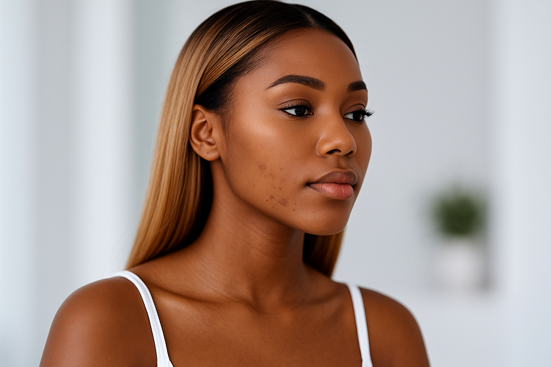 Ultra hübsche schwarze Frau mit langen glatten dunkelblonden Haaren und leichtem PIH an der Kieferlinie; Nahaufnahme vor hellem, weichem Hintergrund.