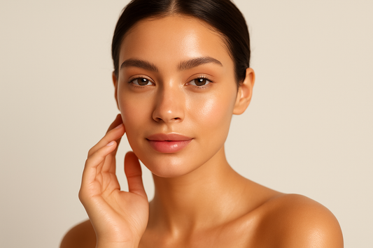 „Ultra hübsche Frau mit strahlender, glatter Haut in einem cleanen Beauty-Porträt, natürliche Beleuchtung, Nahaufnahme.“