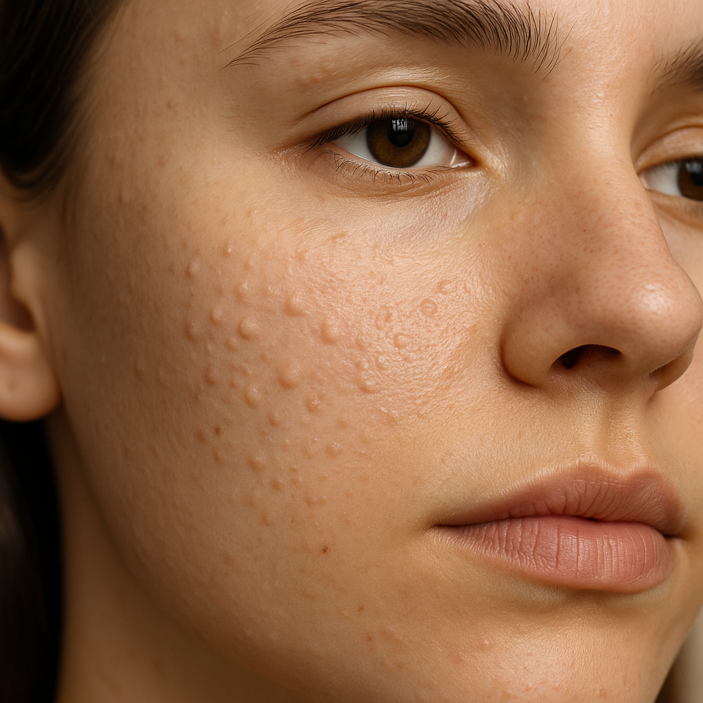 Nahaufnahme einer jungen Frau mit Unterlagerungen und unruhiger Hautstruktur an Wange und Kieferlinie