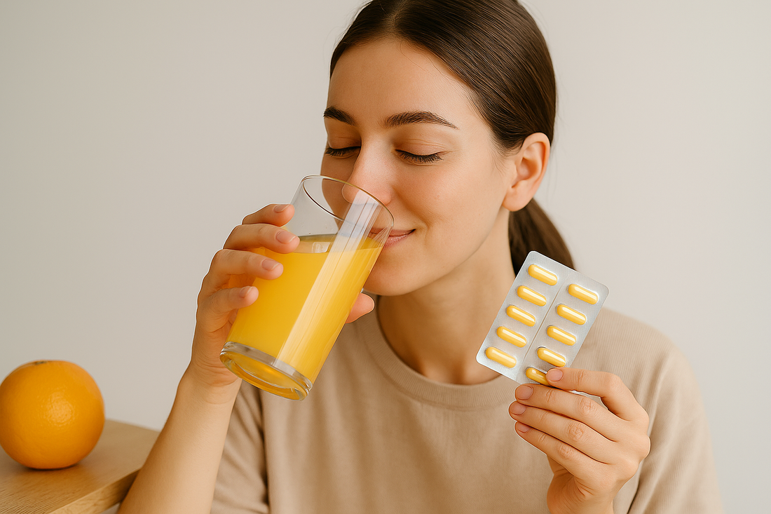 Frau trinkt frisch gepressten Orangensaft und hält Vitamin-C-Kapseln in der Hand – natürliche Unterstützung für reine Haut und gegen Pickel.