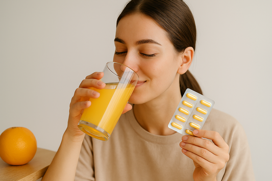Frau trinkt frisch gepressten Orangensaft und hält Vitamin-C-Kapseln in der Hand – natürliche Unterstützung für reine Haut und gegen Pickel.