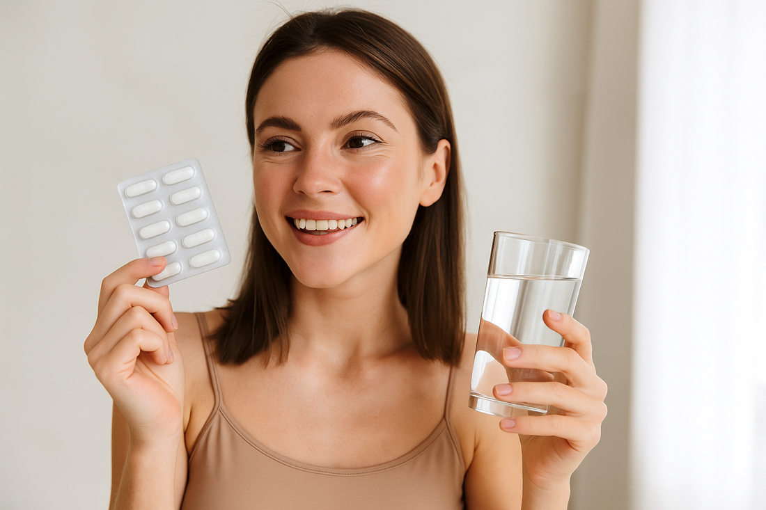 Junge Frau mit reiner Haut hält ein Glas Wasser und Vitaminpräparate in der Hand – Symbol für gesunde Hautpflege, Vitamin C und Zink für reine Haut.