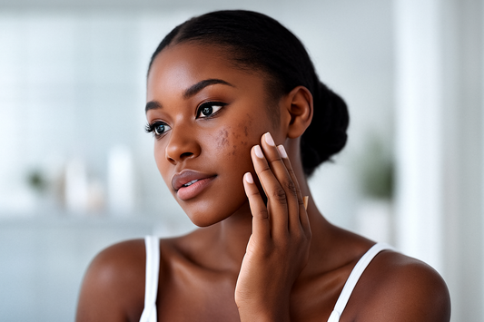 Junge schwarze Frau berührt sanft ihre Wange mit sichtbaren dunklen Akneflecken; Nahaufnahme, glowy Haut, heller Hintergrund.