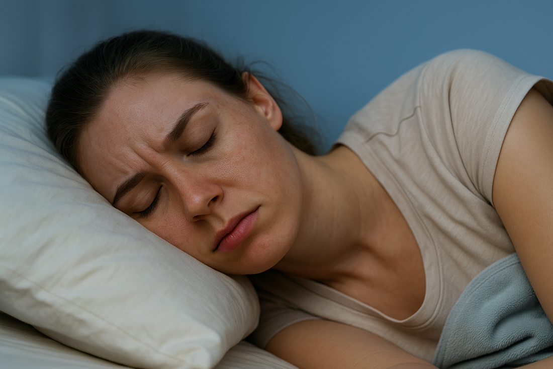 „Junge Frau schläft auf der Seite im Bett und zeigt erkennbare Hautunreinheiten im Gesicht – Symbolbild dafür, warum die Haut über Nacht schlechter aussehen kann.“