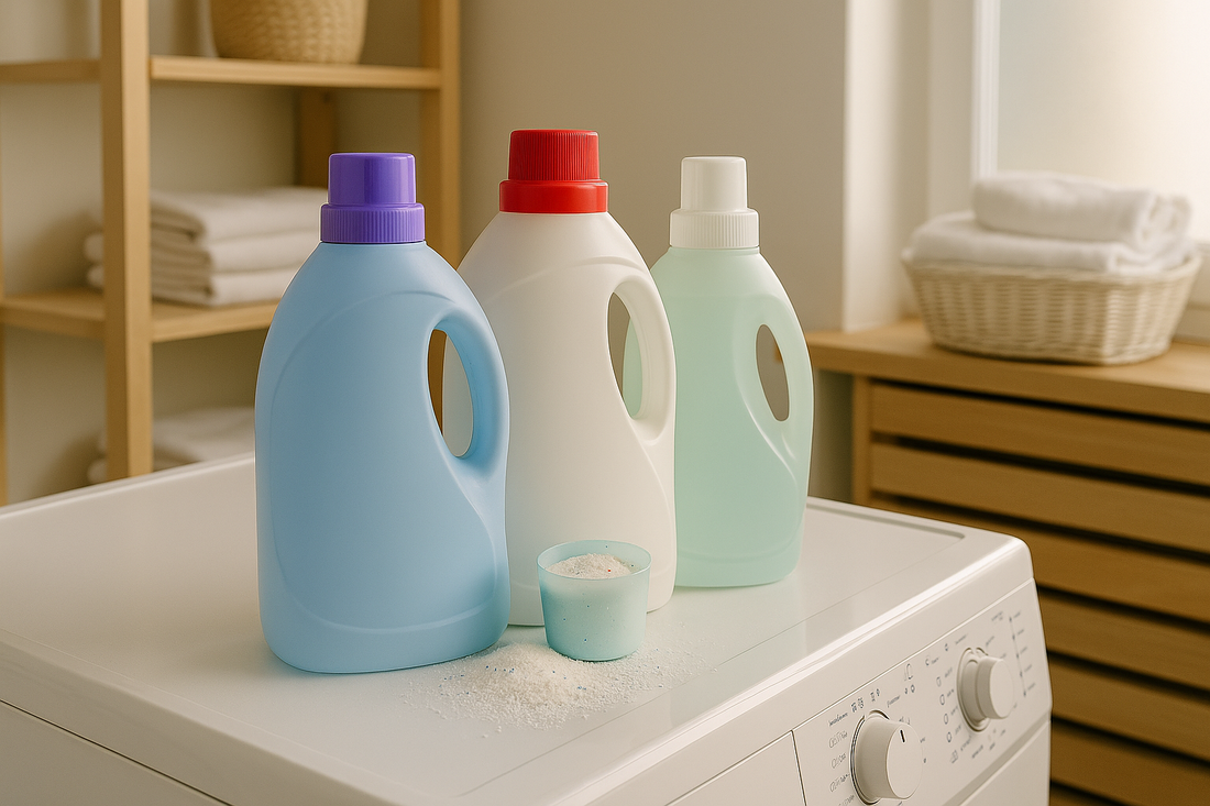 Waschmittelflaschen stehen auf einer Waschmaschine, daneben verschüttetes Waschpulver, im Hintergrund ein ordentliches Badezimmerregal