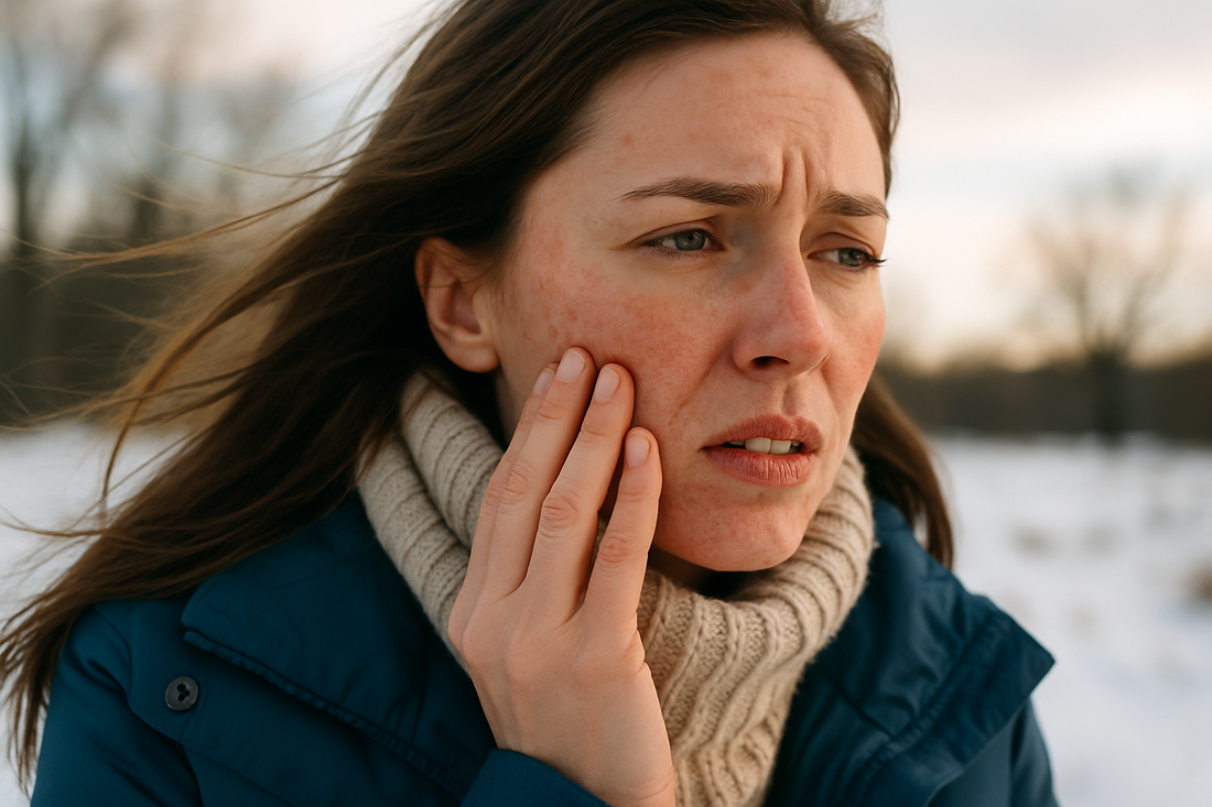 „Frau mit gereizter Haut im Gesicht, die draußen bei kaltem Wetter ihre Wange berührt – Beispiel für Hautreaktionen bei Wetterumschwüngen.“