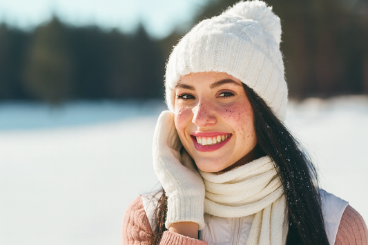 Frau mit Winterkleidung im Schnee, deren leichte Hautunreinheiten zeigen, warum die Haut im Winter häufiger zu Pickeln neigt.