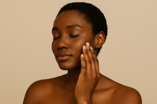 Wunderschöne schwarze Frau mit geschlossenen Augen, die ihr Gesicht sanft berührt; ästhetisches, cleanes Porträt im Querformat vor neutralem Hintergrund.
