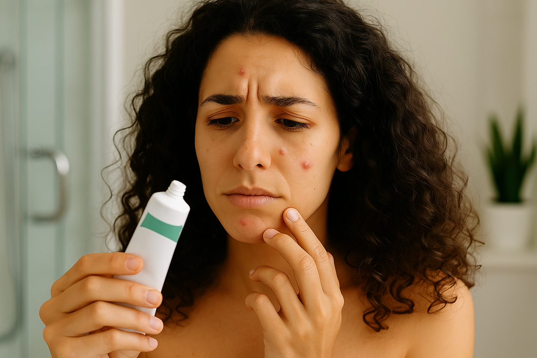 Junge Frau hält eine Zahnpastatube und tupft nachdenklich etwas Zahnpasta auf einen kleinen Pickel auf ihrer Wange – helles Badezimmer, natürliche Beleuchtung.