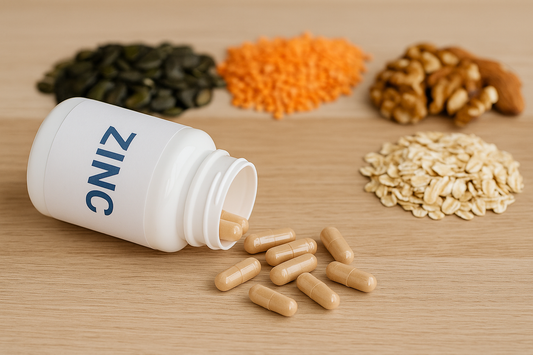 Zinkkapseln und eine Flasche mit der Aufschrift „ZINC“ auf einem Holztisch, umgeben von zinkreichen Lebensmitteln wie Kürbiskernen, Linsen, Nüssen und Haferflocken – natürliches Blogbild zum Thema Zink für reine Haut.