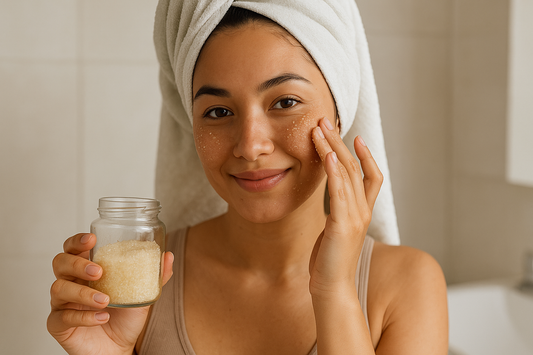 Junge Frau mit Handtuch auf dem Kopf trägt ein selbstgemachtes Zuckerpeeling auf ihr Gesicht auf – natürliche Hautpflege im Badezimmer.